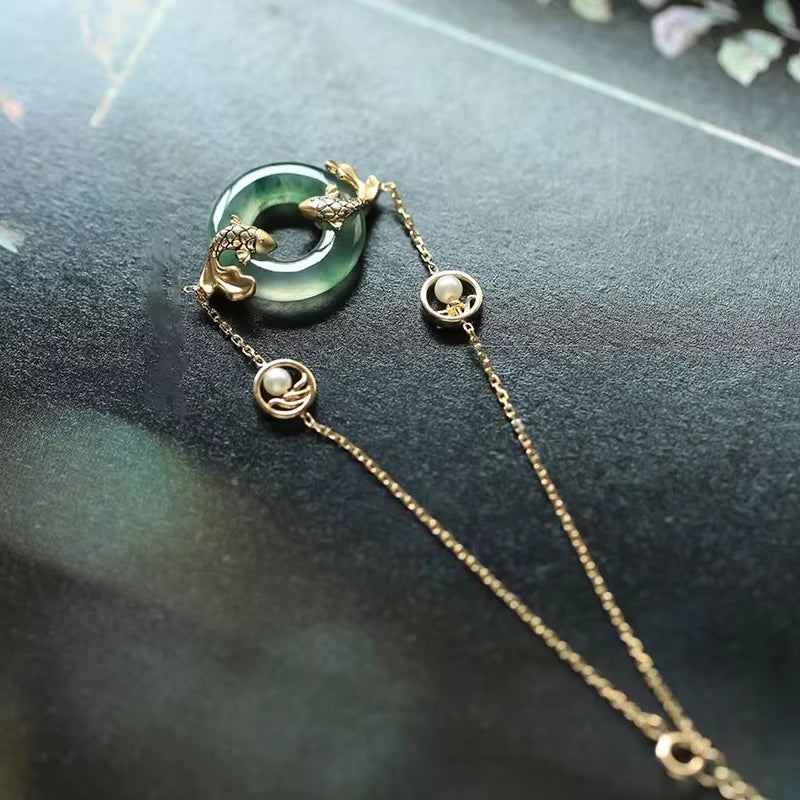 Natural Hetian Chalcedony Round Carp Pearl Bracelet for Ladies - Vintage Light Luxury High-End Engagement and Party Jewelry