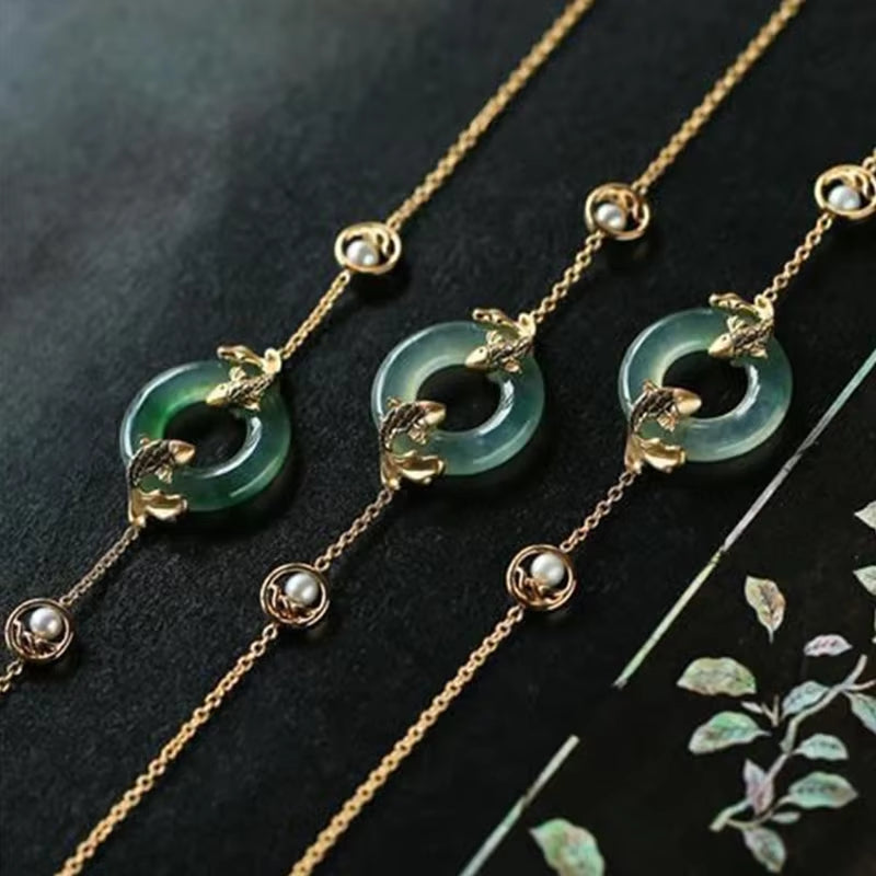 Natural Hetian Chalcedony Round Carp Pearl Bracelet for Ladies - Vintage Light Luxury High-End Engagement and Party Jewelry