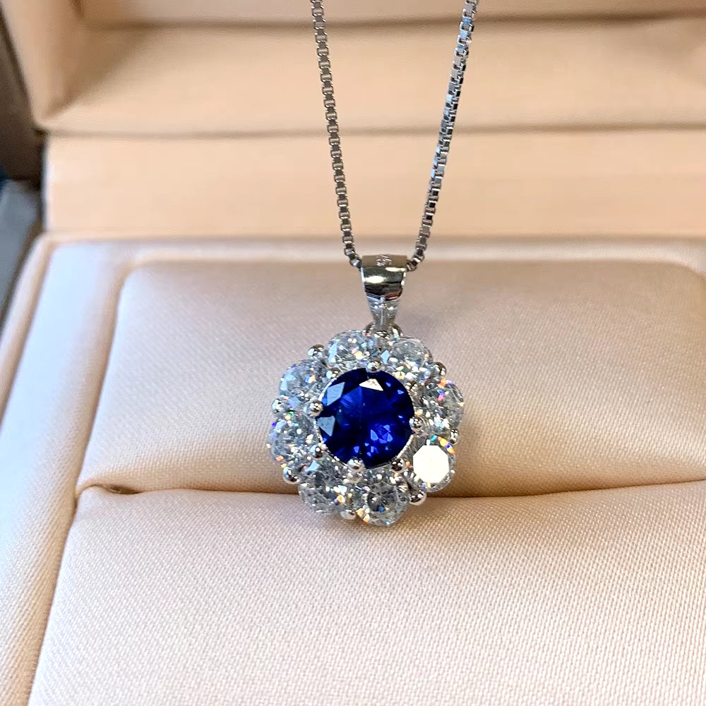 100% S925 Silver Vintage Jewelry Set with 7mm Natural Sapphire and Topaz - Ring, Earring, and Pendant Necklace Wedding Collection