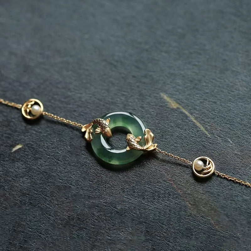 Natural Hetian Chalcedony Round Carp Pearl Bracelet for Ladies - Vintage Light Luxury High-End Engagement and Party Jewelry