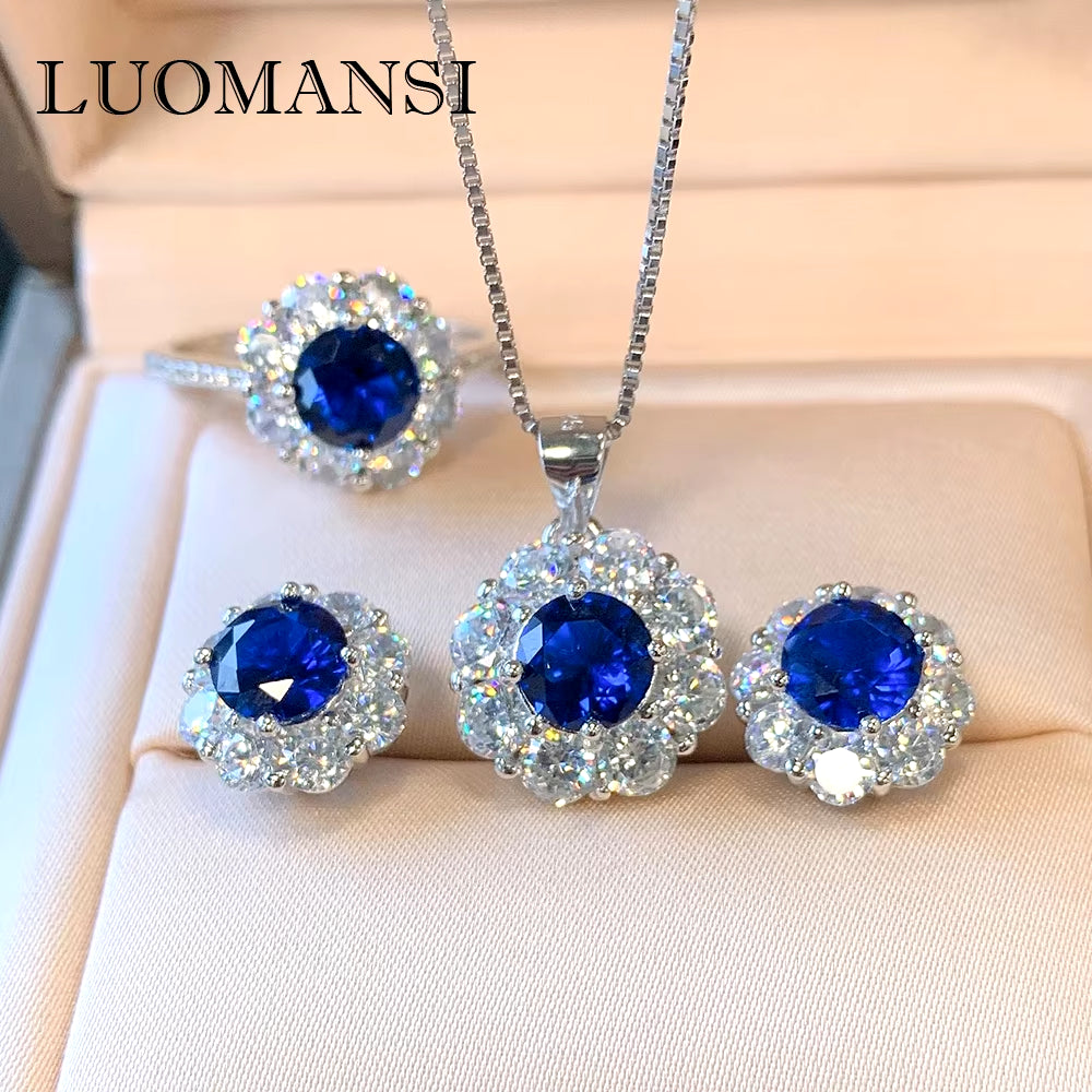 100% S925 Silver Vintage Jewelry Set with 7mm Natural Sapphire and Topaz - Ring, Earring, and Pendant Necklace Wedding Collection