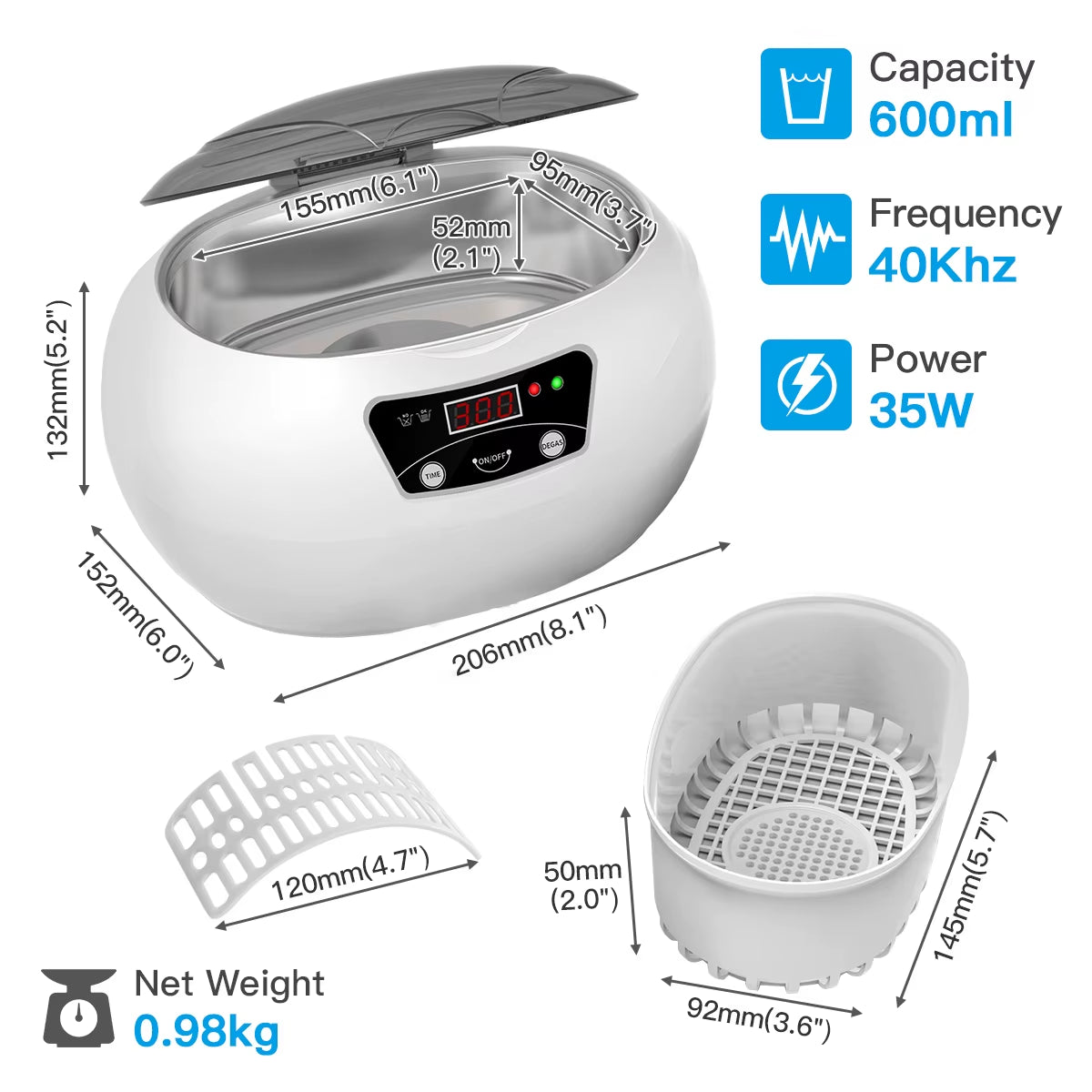 600Ml Ultrasonic Cleaner Wave Cleaning Jewellery Polishing Machine for Watches Home Appliances