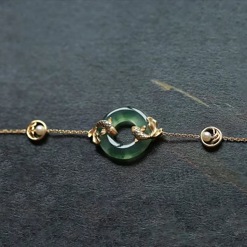 Natural Hetian Chalcedony Round Carp Pearl Bracelet for Ladies - Vintage Light Luxury High-End Engagement and Party Jewelry