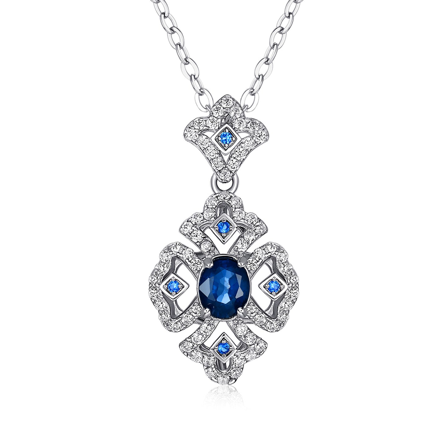 S925 Silver Retro Pattern Necklace Women'S Versatile Natural Sapphire Pendant