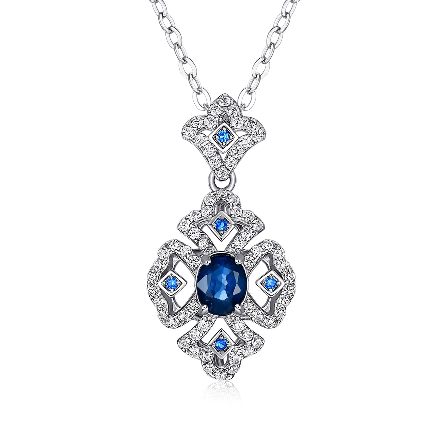 S925 Silver Retro Pattern Necklace Women'S Versatile Natural Sapphire Pendant
