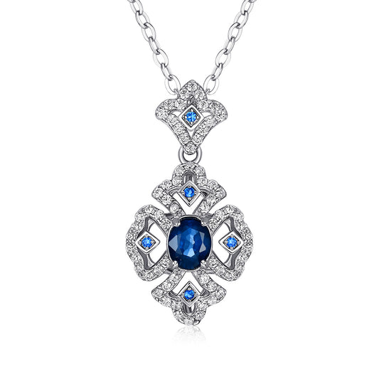 S925 Silver Retro Pattern Necklace Women'S Versatile Natural Sapphire Pendant